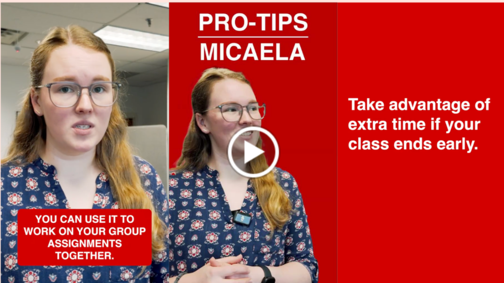 A tri-panel image of vertical video with a woman named Micaela offering tips for academic success